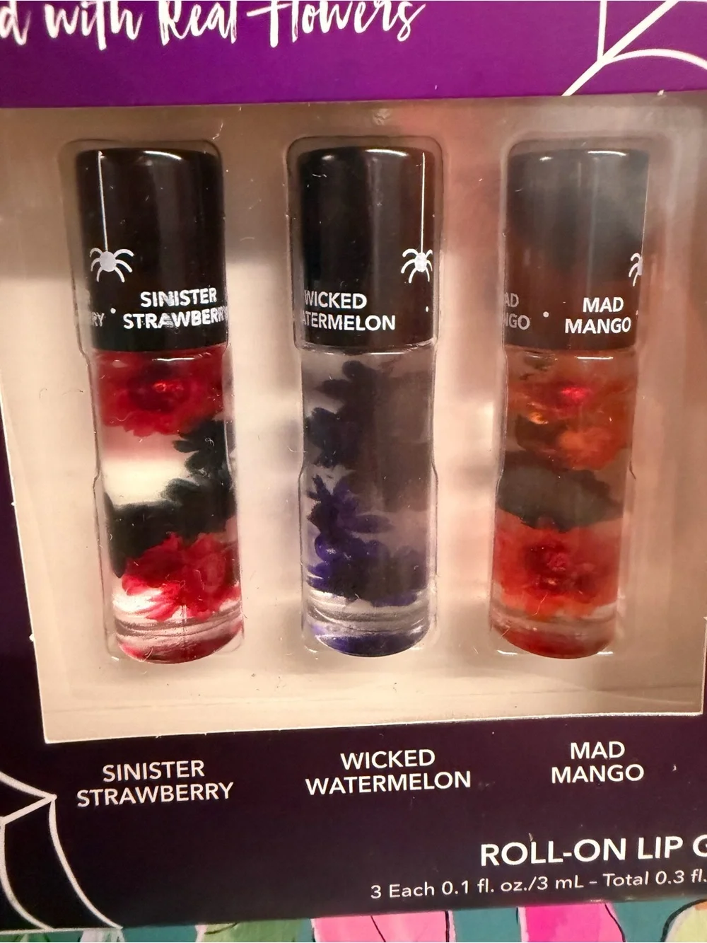 Blossom Halloween Flower Infused Roll-On Lip Gloss 3 Piece Set NIB